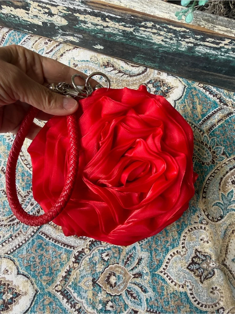 Wristlet Evening Bag Red Rosette Kiss Lock Satin Floral Cl